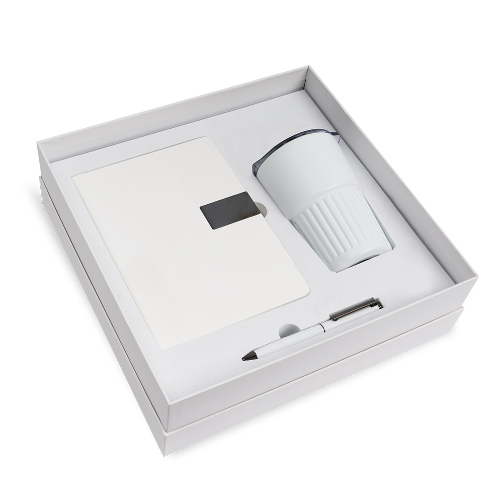 SSM304NPSW.jpg Daily Use Set corporate gift box with PU notebook, ceramic coffee mug with sleeve, and metal ballpoint pen arranged in a premium rigid gift box.